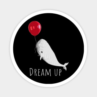 A white whale with geometric striped pattern and red balloon Magnet